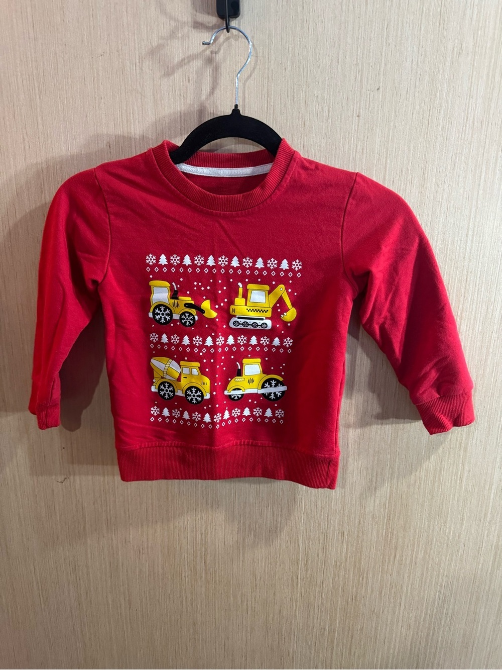 Kids Holiday Red Sweatshirt with Yellow Construction Trucks Size 5T